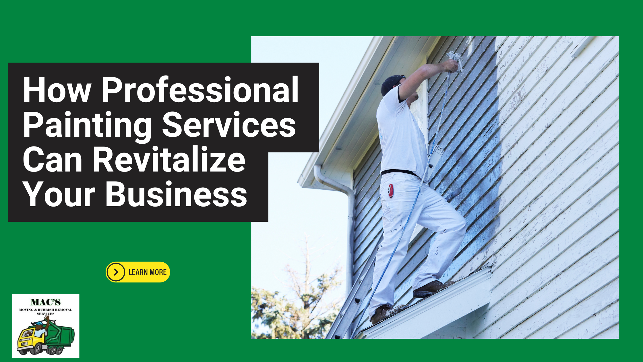 A professional painter paints an office exterior on the left and the blog title with a “Learn More” button on the right.
